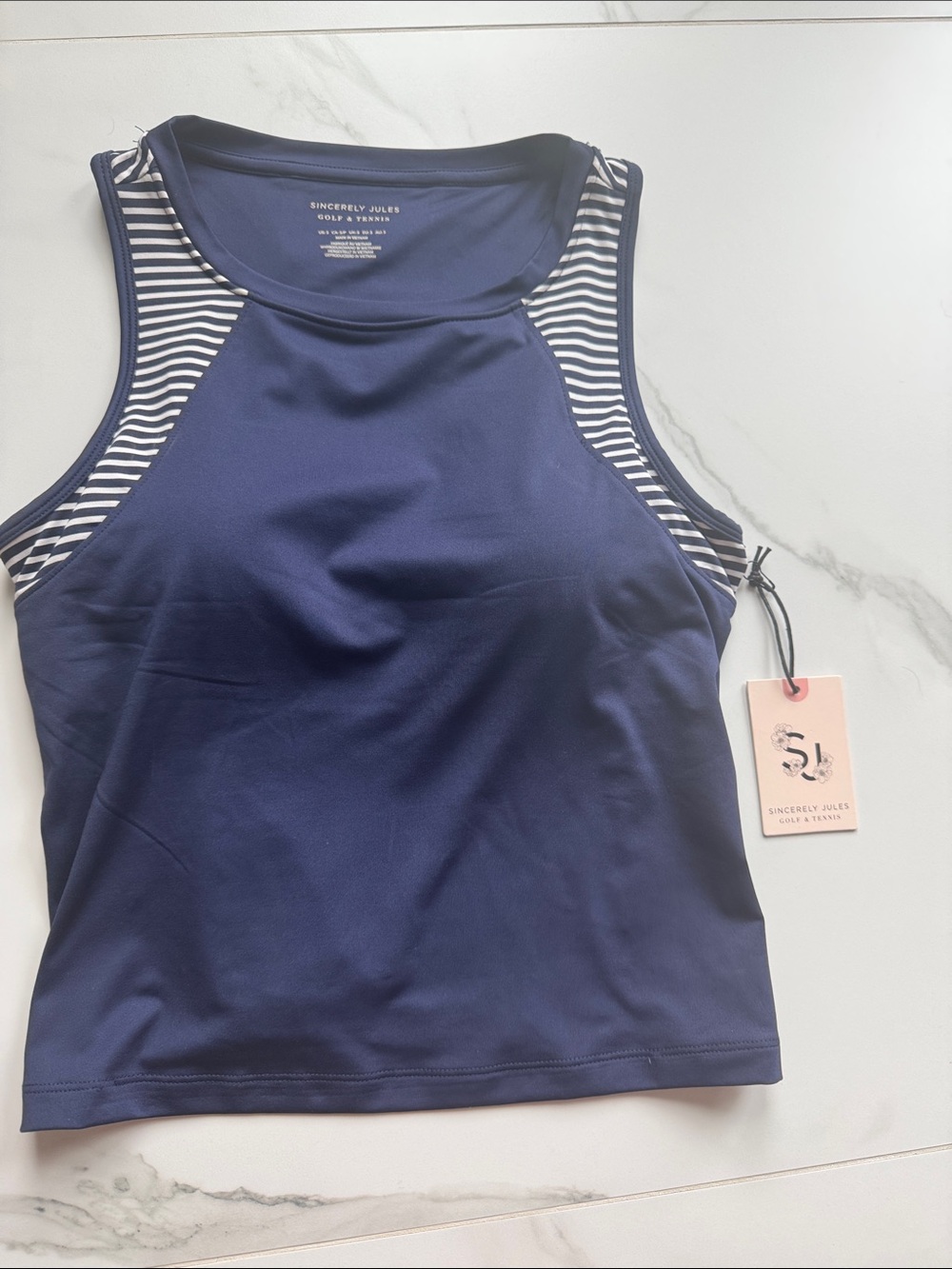 Sincerly Jules Navy Tank with White Striped Shoulder Panels